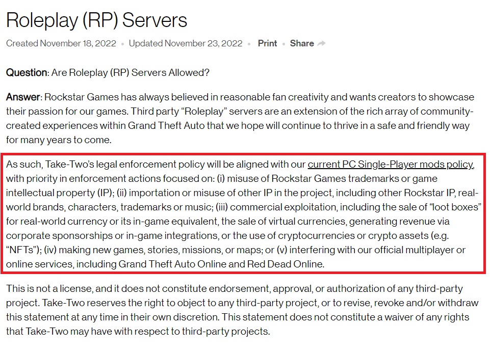 GTA Roleplay Servers cannot Accommodate NFTs or Crypto