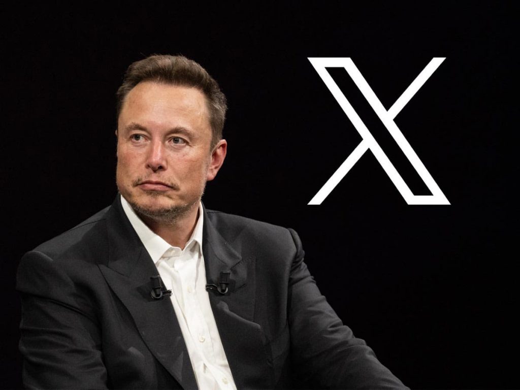 Elon Musk next to X logo