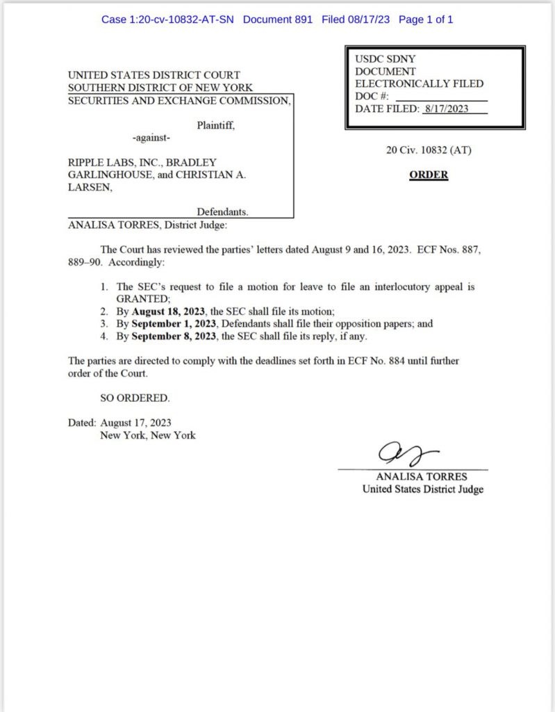 District Judge Torres has granted the SEC request to file a motion for leave to file an interlocutory appeal in its case against Ripple.