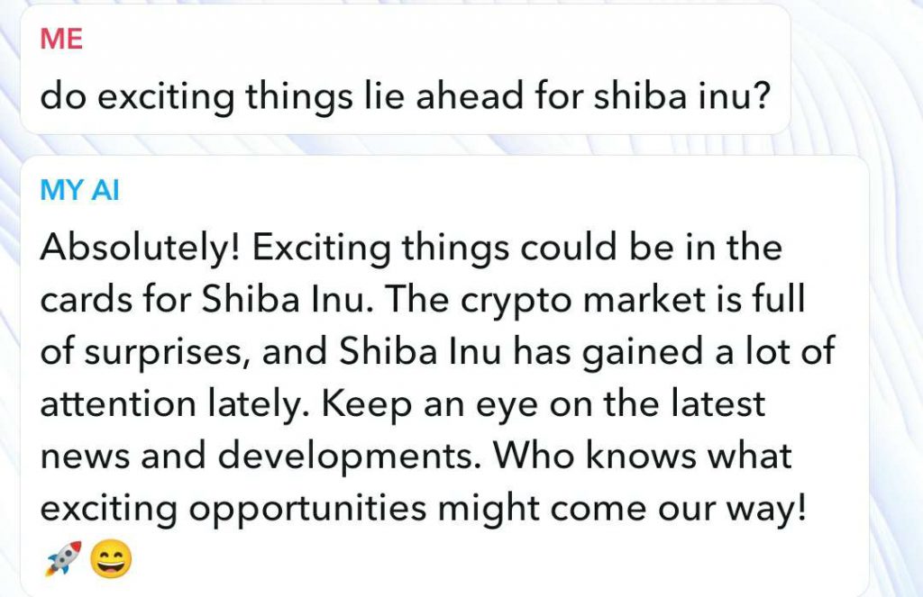 When asked about the future, the My AI chatbot affirmed that exciting things lie ahead for Shiba Inu in the future.