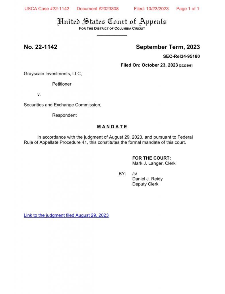 A Washington DC court issued a formal mandate today that the SEC needs to reconsider Grayscale Investments' Spot Bitcoin ETF application.