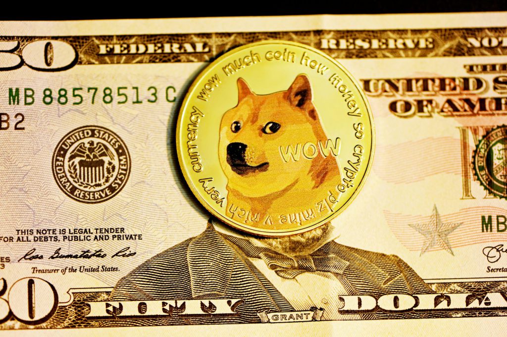 Dogecoin placed on a US dollar bill