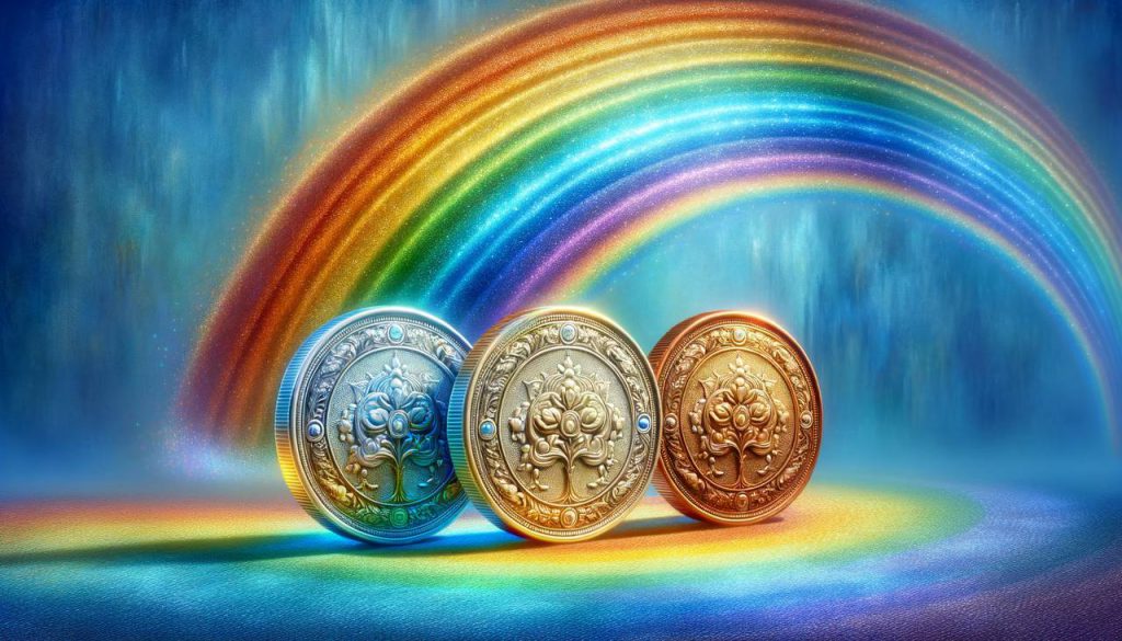 彩虹上的三枚加密貨幣硬幣