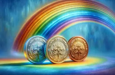 Three crypto coins on a rainbow