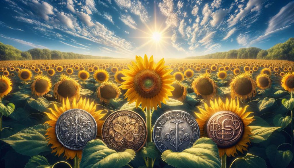 Four coins in a sunflower field