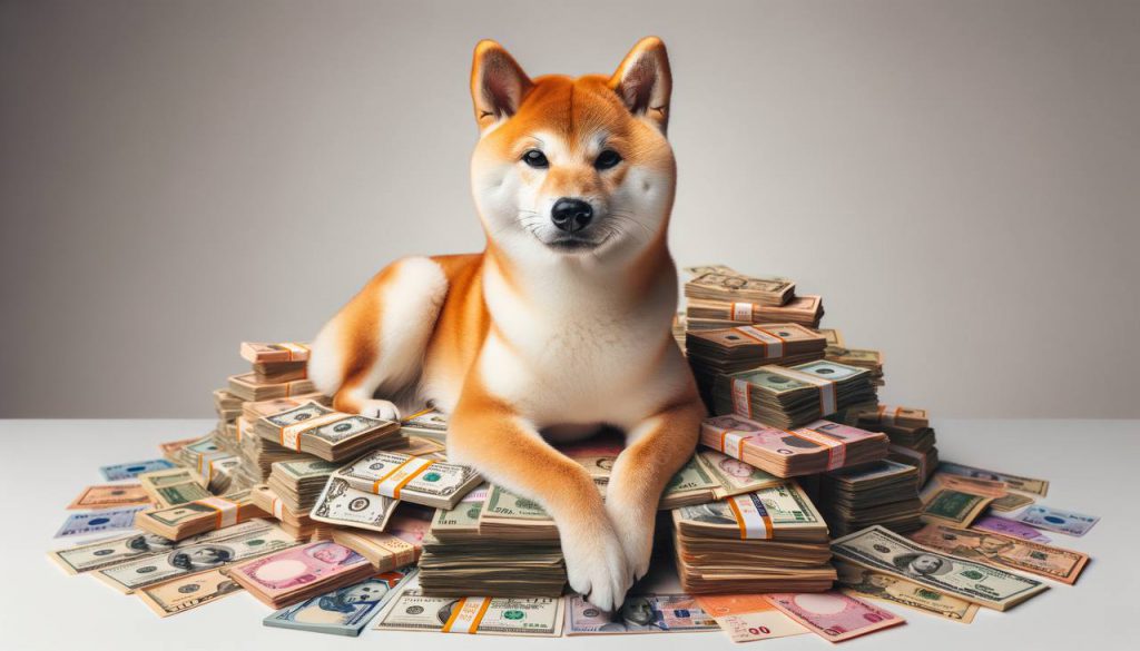 Shiba Inu sitting with piles of money