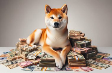 Shiba Inu sitting stacks of money
