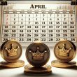 Image of three crypto coins with an April calendar