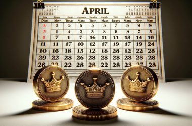 Image of three crypto coins with an April calendar