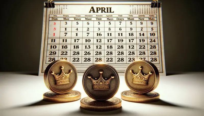 Image of three crypto coins with an April calendar