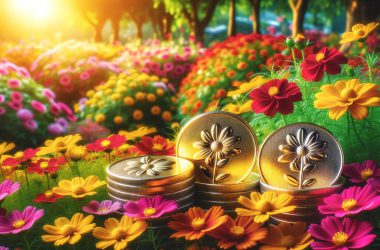Image of three coins in a garden