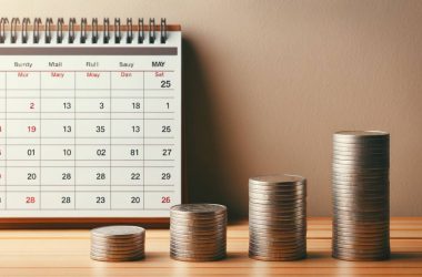 Stacks of coins next to a calender