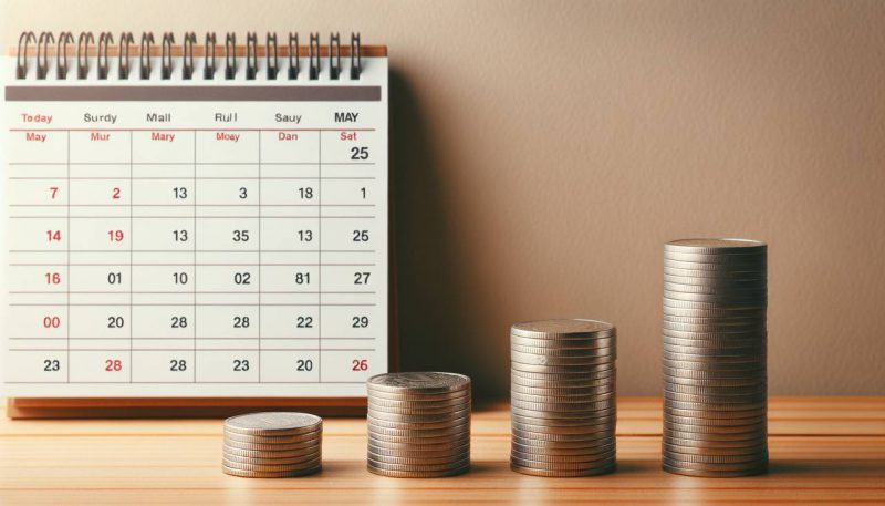 Stacks of coins next to a calender