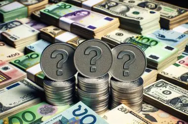 Three unknown coins with a question mark