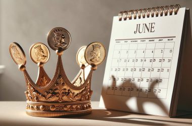 crown with coins next to a June calendar