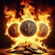 three coins emerging from fire