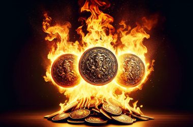 three coins emerging from fire