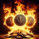 three coins emerging from fire