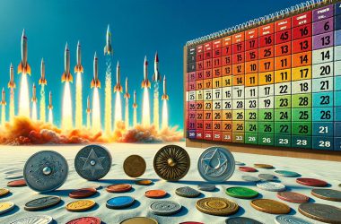 Coins with rockets in the background