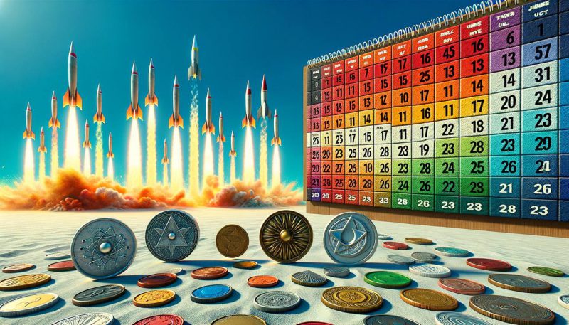 Coins with rockets in the background