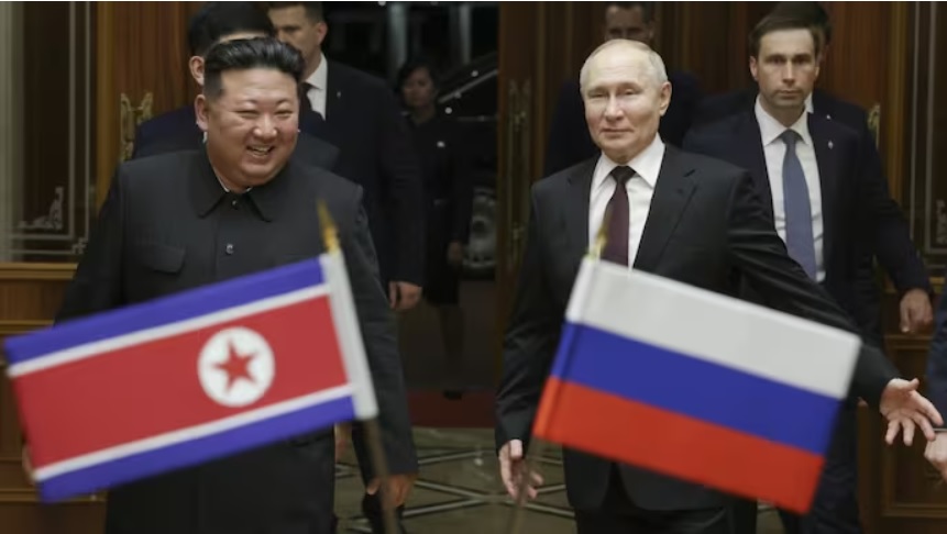 north korea kim jong un flags brics russia vladimir putin president