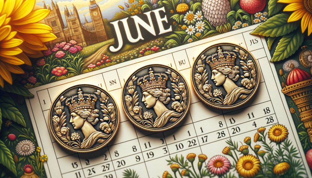 three coins next to a june calendar
