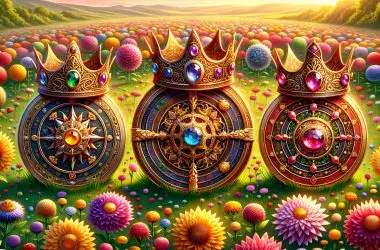 three tokens in a field of flowers