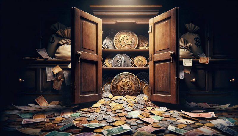 Coins and money in a closet