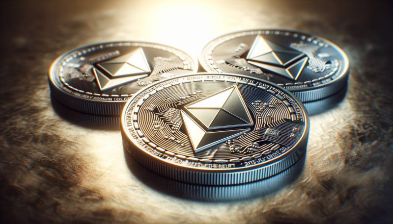 three coins with ethereum logo printed on them