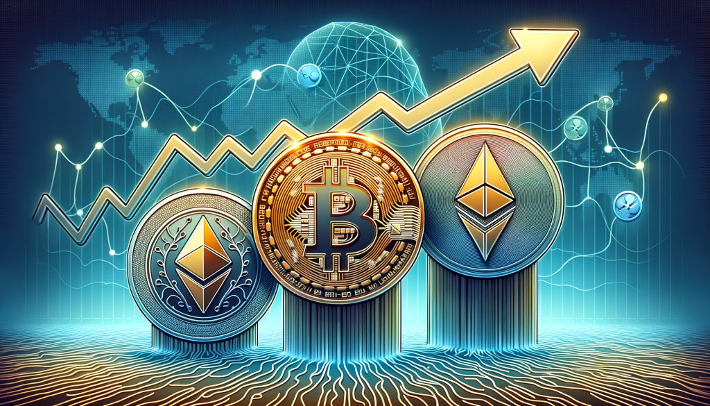 Bitcoin, Ethereum and Ripple XRP in front of a rising arrow.