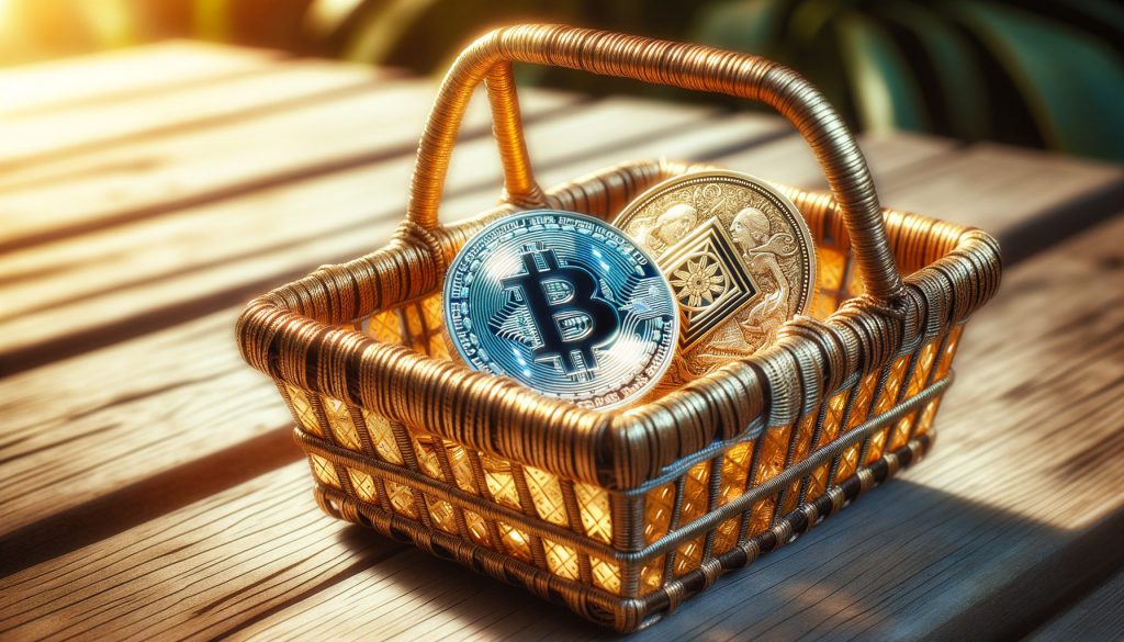 crypto coin and gold coin in basket