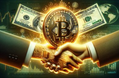 Bitcoin and US Dollar behind holding hands