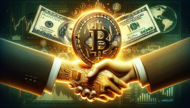 Bitcoin and US Dollar behind holding hands