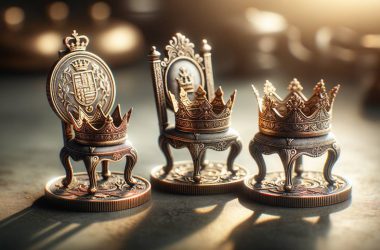 3 Coins wearing crowns and sitting on embellished chairs