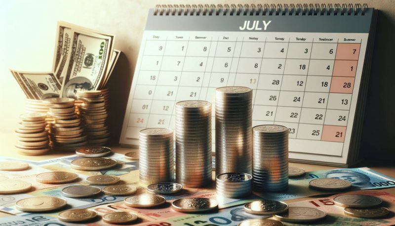three coins with july calendar