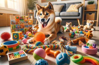 Shiba Inu playing with toys