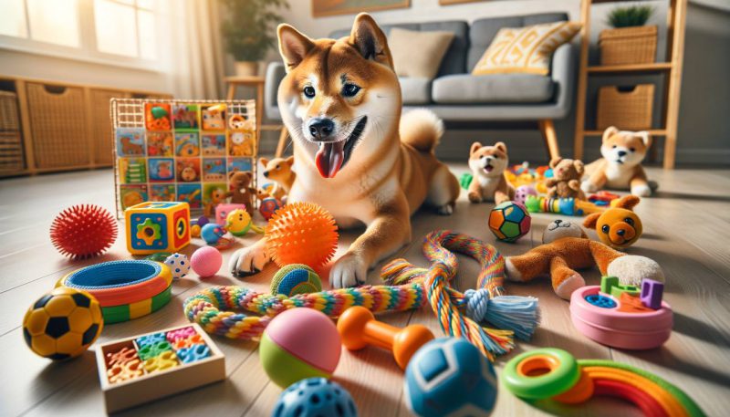 Shiba Inu playing with toys