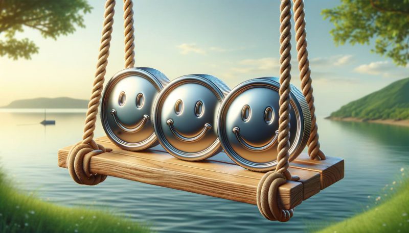 Three smiley coins on a swing