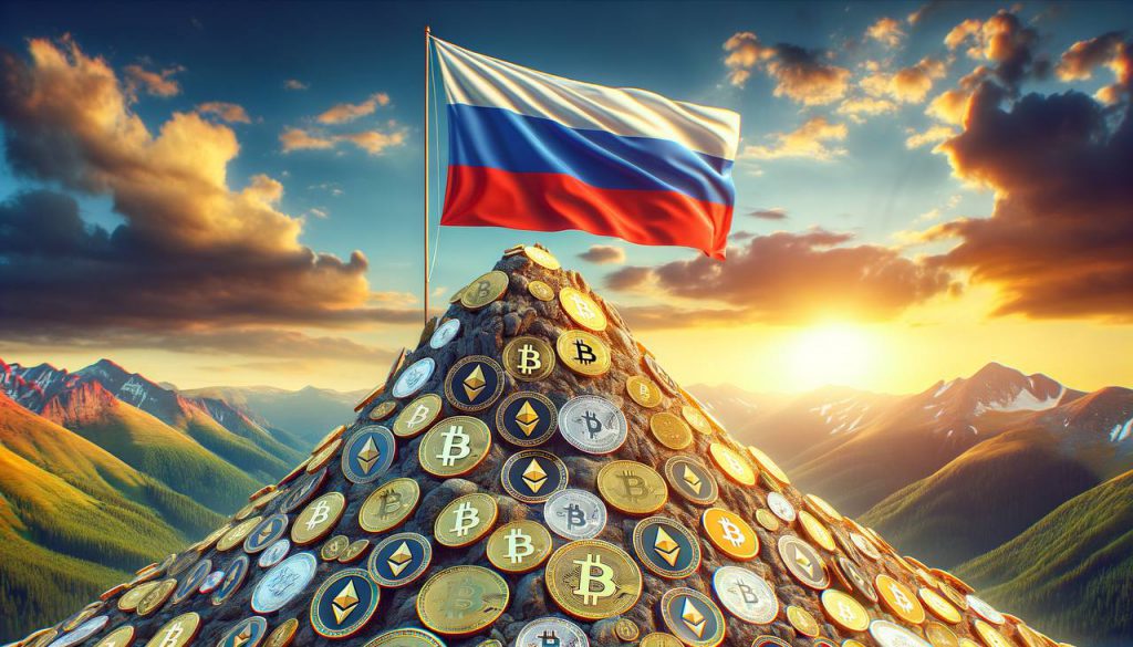 Russian Flag On A Mountain Symbolizing Cryptocurrency Dominance