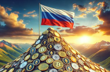 Russian flag mounted of a mountain full of crypto