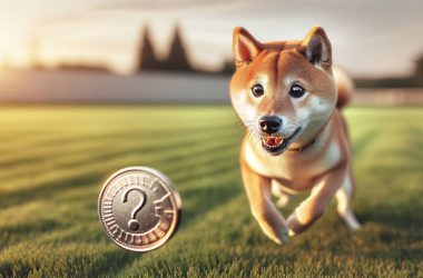 shiba inu chasing a coin with a question mark