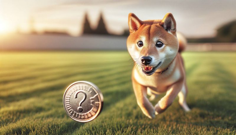 shiba inu chasing a coin with a question mark