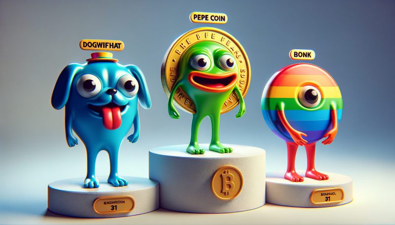 Dogwifhat (WIF), Pepe Coin (PEPE), and BONK on podium