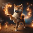 Shiba inu playing with fire