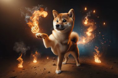 Shiba inu playing with fire