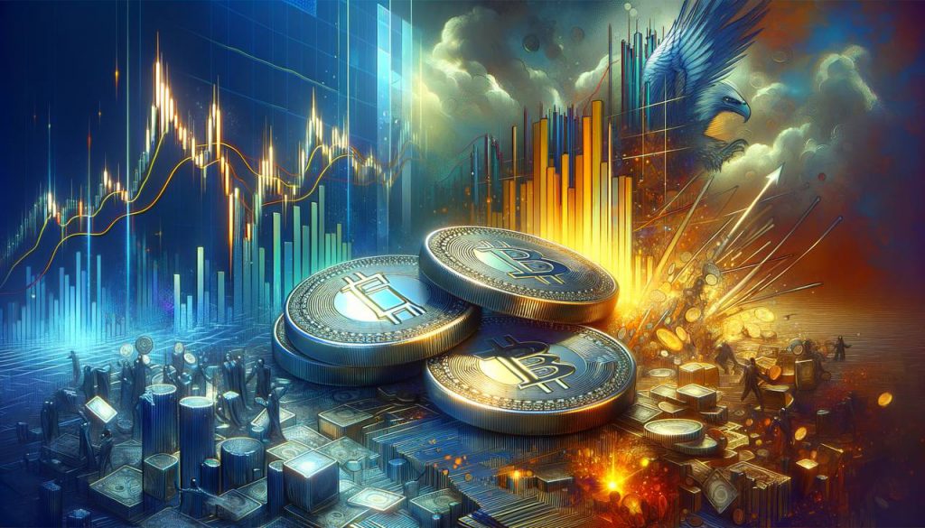 three coins with a market crash background