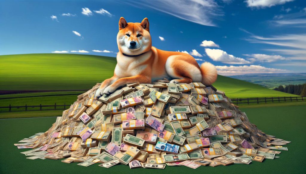 Shiba Inu sitting on top of a mountain made of money