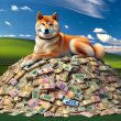 Shiba Inu sitting on top of a mountain made of money