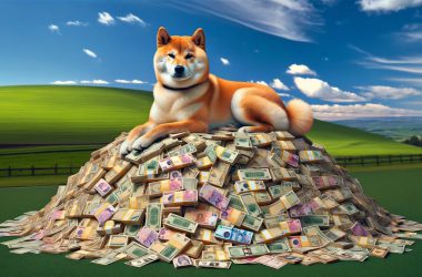 Shiba Inu sitting on top of a mountain made of money