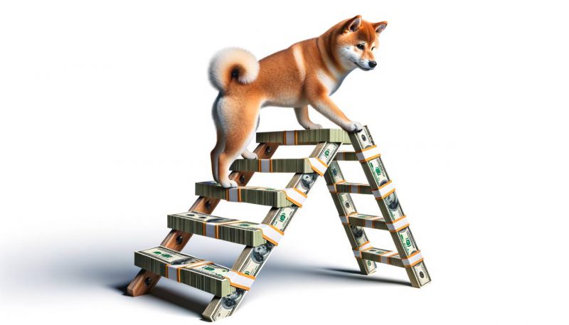 SHIBA INU ON A LADDER MADE OF USD